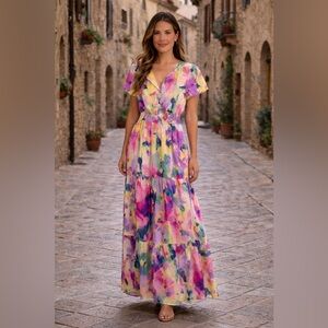 Nicole Miller New York Floral Maxi Dress XS Smocked Waist Pockets